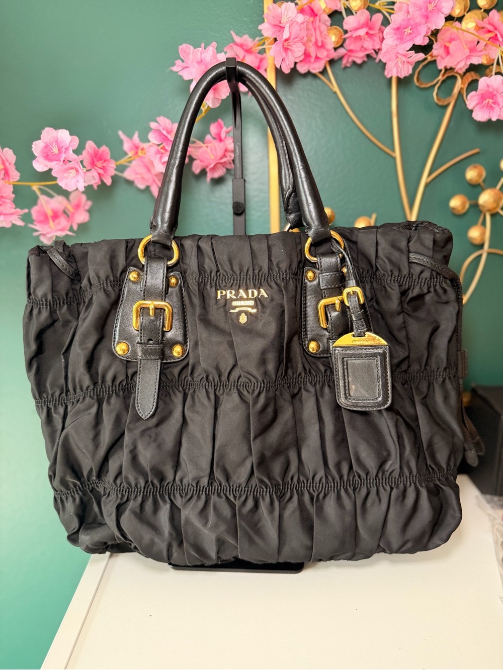 Prada Black Gaufre Nylon Tote with Gold Hardware